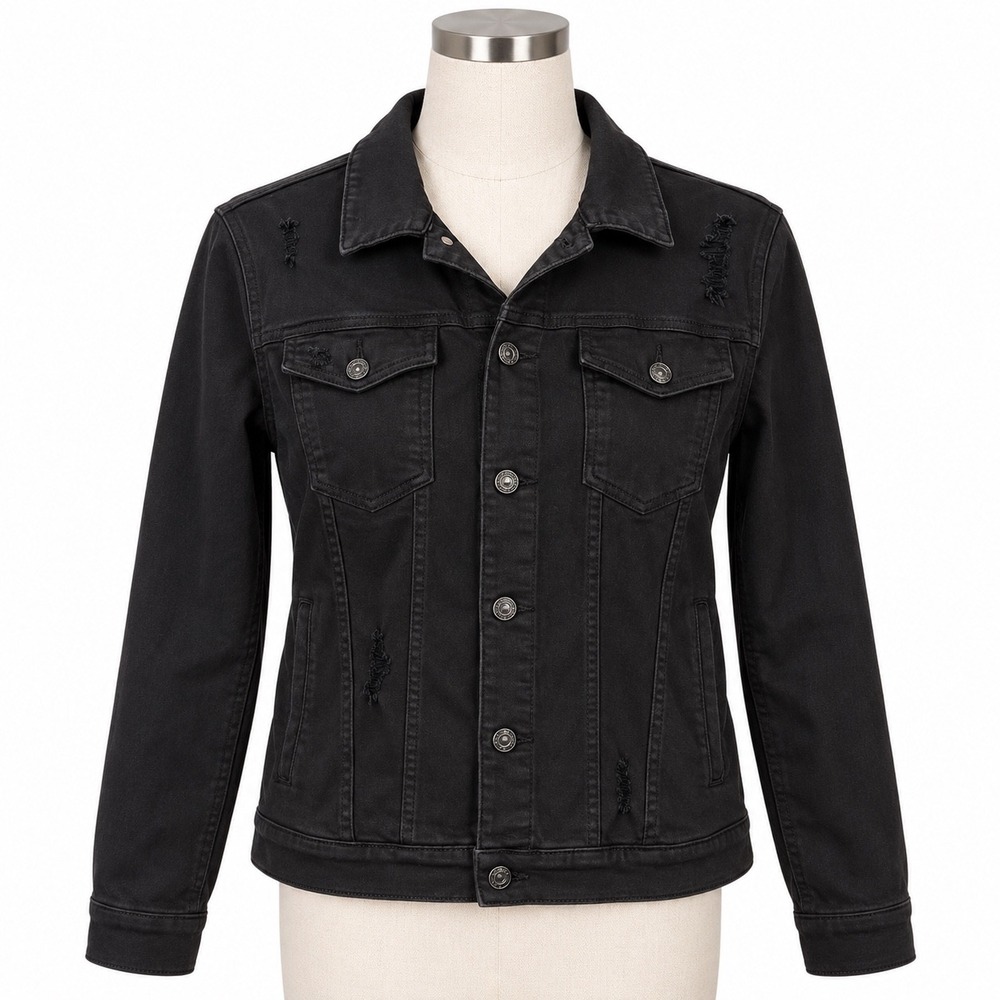 7 For All Mankind Black Distressed Denim Trucker Jacket Women's Large Short